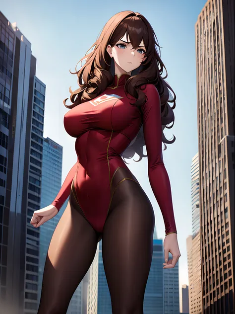 A woman 50 feet tall, 28 years old, Superhero, Medium hair, Curly hair, Brown hair, ((Tall than a building)),Red tights,A nervous expression,Fighting posture