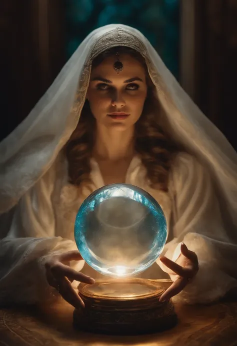 uma mulher velha em um manto branco, With both hands holding a crystal ball, e com os olhos voltados para a frente, sentada perto de uma mesa de tarot, tem que ser uma velhinha