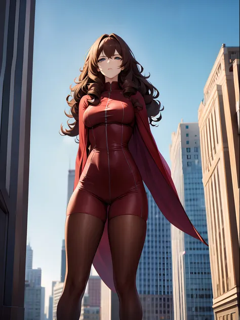 A woman 50 feet tall, 28 years old, Superhero, Medium hair, Curly hair, Brown hair, ((Tall than a building)),Red tights,A nervous expression,Fighting posture