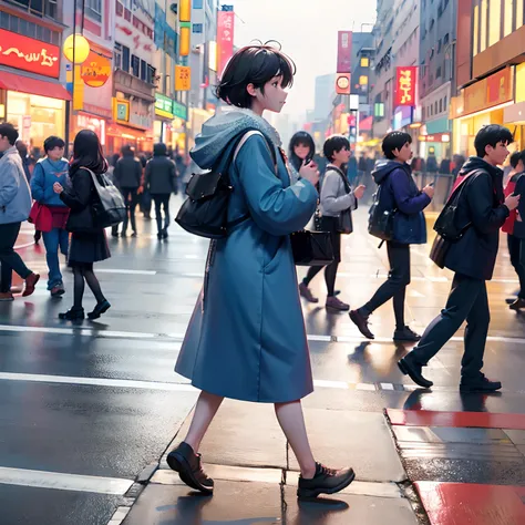 Men and women walk in opposite directions against each other，Crowd background: People walk across pedestrian crossings on busy city streets, street of hong kong, travelers walking the streets, Busy streets,  people walking on the street, busy streets fille...