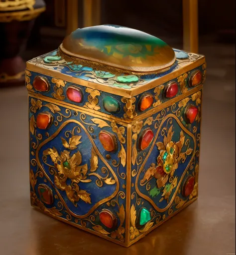 A close-up of a box，There is a carved object on it, cloisonne, cloisonne, Ancient sword, Chinese art, Qing dynasty, box, embedded with gemstones, Chinese, Oriental, 1 8 0 0, tang mo, asian art, ancient chinese ornate, ornate gem in pommel, 1 4 8 0 s, 1900s