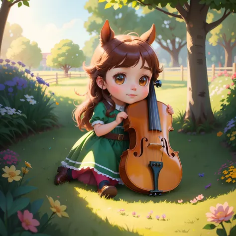 There was a girl holding a horses head piano on the grass, lovely digital painting, Cute detailed digital art, adorable digital art, childrens art in artstation, cello, Artgerm and Atey Ghailan, atey ghailan 8 k, cute artwork, Stylized anime, official fana...