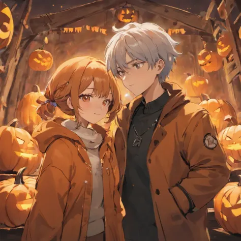 a couple,Halloween,Pumpkin background,Handsome silver-haired man,Cute brown-haired woman、coat、Have a game controller、A smile、parka、video game、Yuki