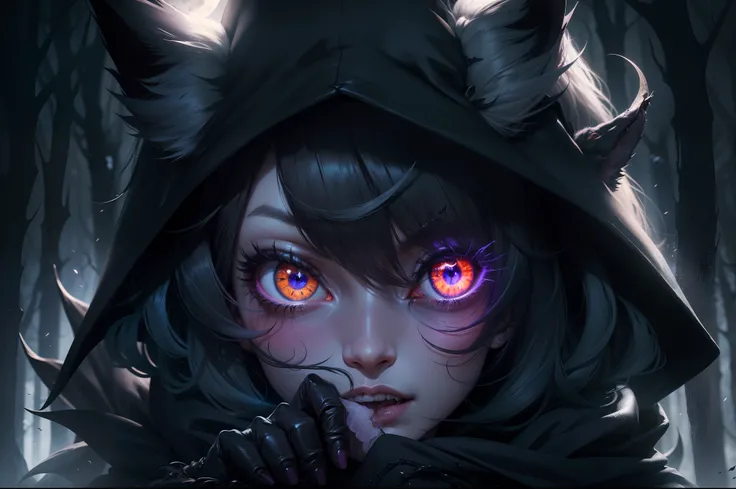 (highres:1.2),(realistic:1.37),devil girl,pet wolf,dark fantasy,enchanted forest,magic powers,glowing eyes,demonic features,black cloak,ominous atmosphere,moonlit night,sharp fangs,pale skin,ominous shadows,detailed facial expressions,dark tendrils,nightma...