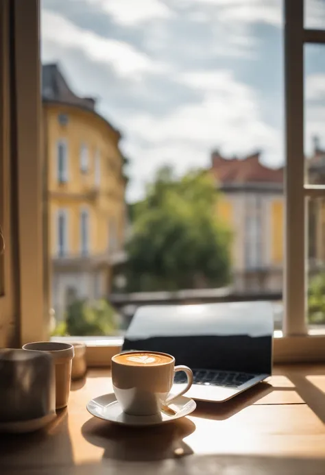 view from the window, sunny day, study environment, coffee cup, notebook, mac book, focus on the coffee cup, slightly blurred background, environment integrated with the kitchen