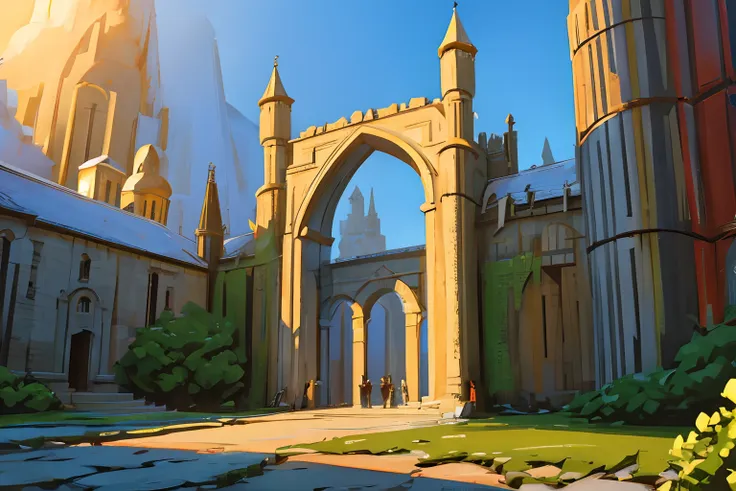 establishing shot, fantasy, city, huge gate, stone wall