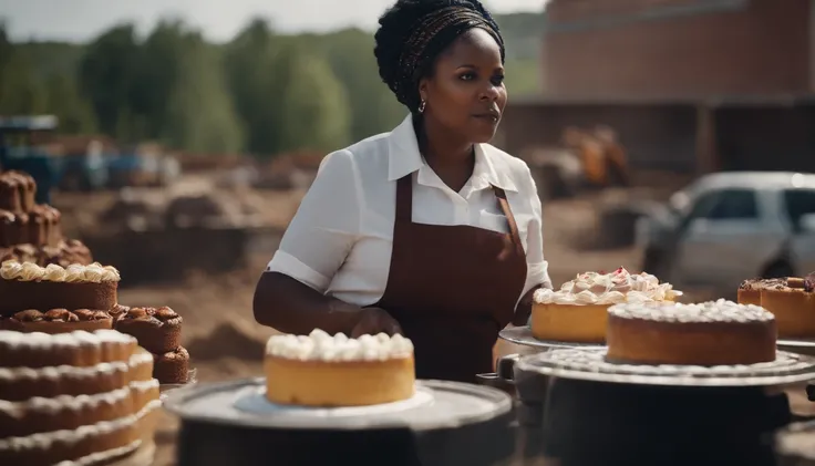 a black woman selling cakes at a construction site