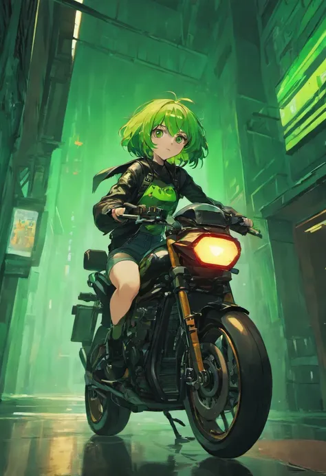 girl, brown skin, green hair, brown eyes, wearing black tank top, wearing black_green leather jacket, black leather pants, sitting on motorcycle, at night, black leather boots, city street, cyberpunk,ground wet from rain, fall, night time, neon sign in bac...