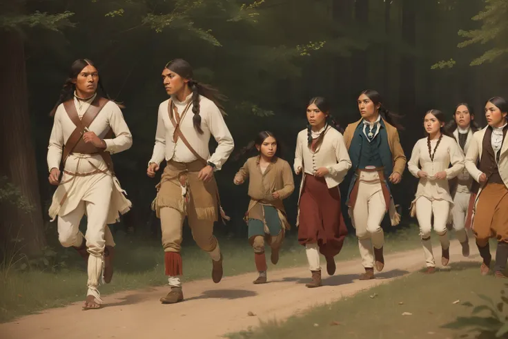 year: 1828. Location: Illinois. Pre-Raphaelite scene with native american people, sauk native american, escaping, running away, war victims, ((((Clothing from the 1830s)))) ((Hairstyle of the 1830s)), ((("OMITB" cinematography)))