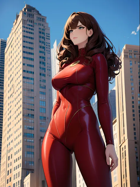 A woman 50 feet tall, 28 years old, Superhero, Medium hair, Curly hair, Brown hair, ((Tall than a building)),Red tights,A nervous expression,Fighting posture,(((low angles))),The whole body