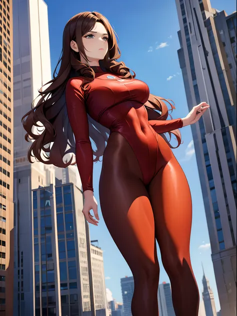 A woman 50 feet tall, 28 years old, Superhero, Medium hair, Curly hair, Brown hair, ((Tall than a building)),Red tights,A nervous expression,Fighting posture,(((low angles))),The whole body