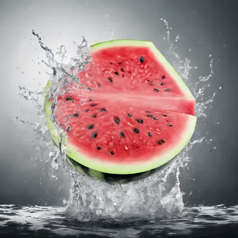 Powerful Liquid Explosion, water melon, Black background, White space in the top half of the screen, Commercial Photography, bright environment, studio lightning, oc render, super details, Solid Color Insulation Platform, Professional photography, super de...