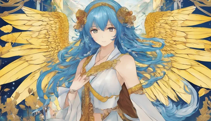 Highly detailed, Has angel wings, seductive woman , long blue hair , reddish brown eyes , Reptilian tail , Wearing a yellow ribbon in her hair