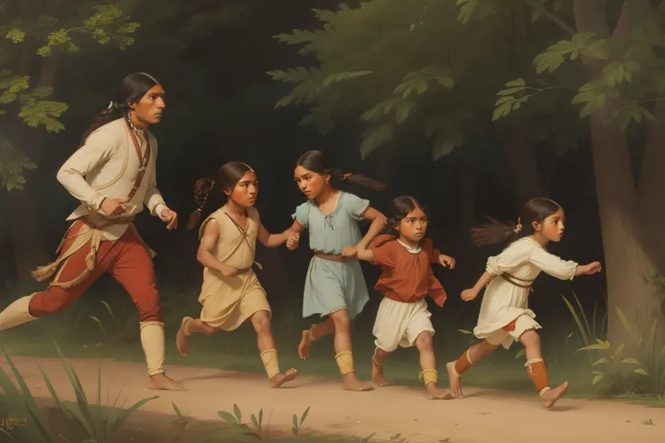 year: 1828. Location: Illinois. Pre-Raphaelite scene with native american people, sauk native american, escaping, running away, war victims, scared children, ((((Clothing from the 1820s)))) ((Hairstyle of the 1820s)), ((("OMITB" cinematography)))