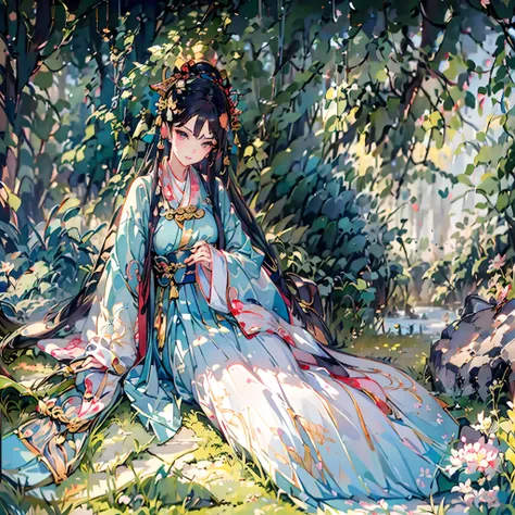 anime - style image of woman in kimono clothes sitting on a rock, palatial palace ， a girl in hanfu, white haired god, portrait ...