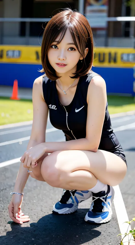 Before the start of the track and field sprint、（Yellow track and field uniform）、{Small size vest、Wear high-leg bloomers}、（The area around the stomach is exposed）、（hason、Bare skin on the arms and legs）、crouched、M-shaped legs、closeup cleavage、cosplay foto、An...