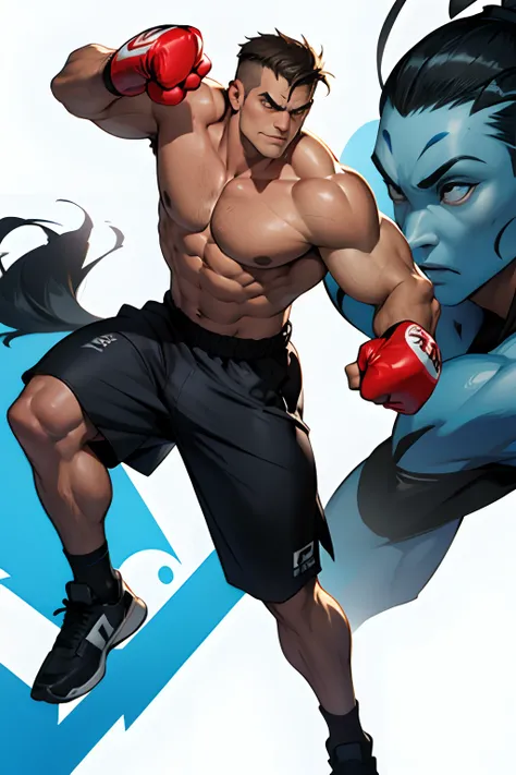 An animated avatar，1 boxer，The face is steely，Wear boxing gloves，musculous，anatomy correct，fully body photo，tmasterpiece，high qulity，16k，UHD resolution