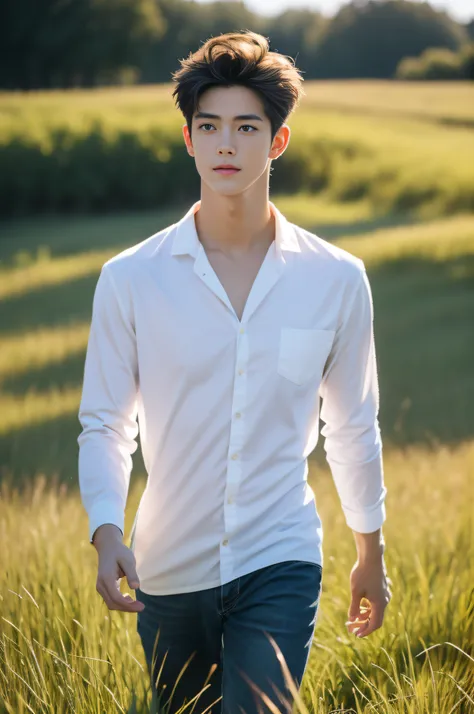 1boy, a handsome angel walking down a field, wind blowing as a holy radiant light beams down, muscular