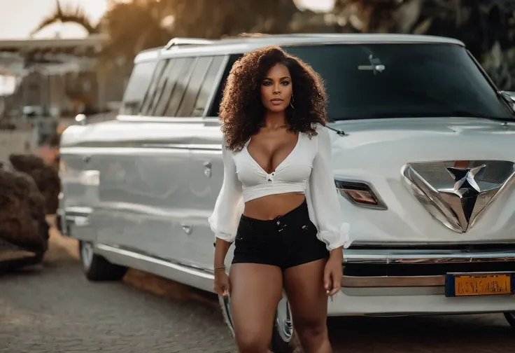 Foto de uma mulher negra, Short white blouse up to mid-belly with cleavage leaving breasts exposed, Short black shorts up to mid-thigh, All STAR sneakers, Fallen curly hair