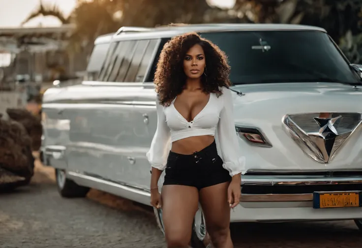 Foto de uma mulher negra, Short white blouse up to mid-belly with cleavage leaving breasts exposed, Short black shorts up to mid-thigh, All STAR sneakers, Fallen curly hair