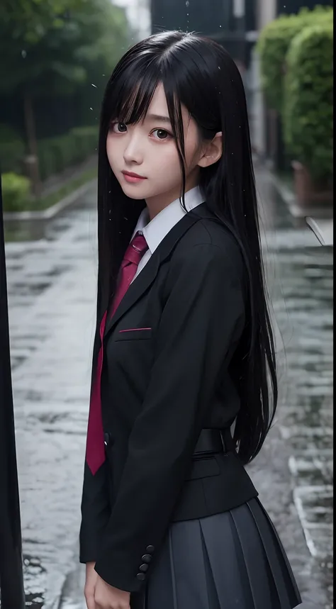 1girl, long black hair, sexy schoolgirl uniform, shy, blush, wet, rain, transparent, (masterpiece, best quality), soft light, cinematic composition, cinematic light, big size beast,