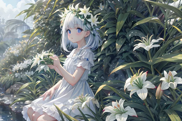 White dress girl plant lily flowers