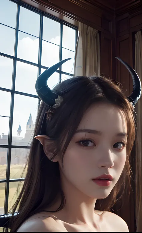 (Best Quality,Masterpiece:1.2),The ultra-detailliert,(Photo Photorealistic:1.4),Lovely_succubus, Detailed face, Fantastic face,(The two horns of a succubus:1.2), ((The two wings of a succubus:1.3)), irene, lisa, (((Background of the windows inside the Euro...