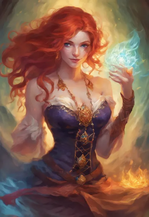 Busty redhead sorceress casting a spell on a skeleton