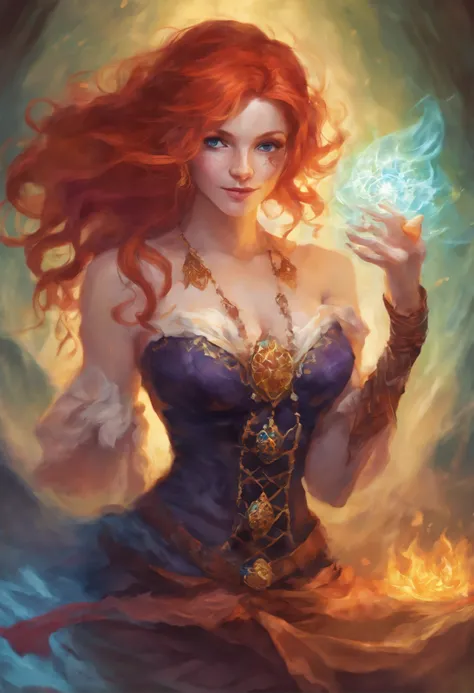 Busty redhead sorceress casting a spell on a skeleton