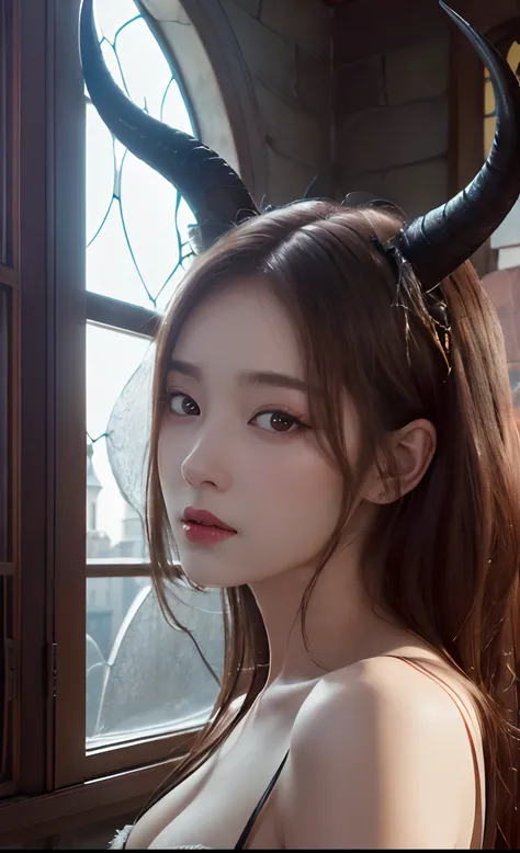 (Best Quality,Masterpiece:1.2),The ultra-detailliert,(Photo Photorealistic:1.4),Lovely_succubus, Detailed face, Fantastic face,(The two horns of a succubus:1.2), ((The two wings of a succubus:1.3)), irene, lisa, (((Background of the windows inside the Euro...