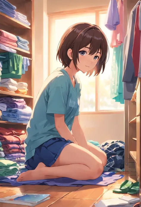 (Best quality, high resolution, photo-realistic:1.37), Vibrant colors,There was no one in the room cluttered wardrobe, Piles of clothes, messy outfit, A crumpled blanket on the floor