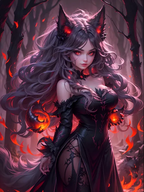 (best quality,4k,8k,highres,masterpiece:1.2),ultra-detailed,(realistic,photorealistic,photo-realistic:1.37),A devil girl with cute fluffy wolf as a devil pet,illustration,dark art,gothic,red color palette,warm lighting,fiery background,glowing eyes,horns,t...