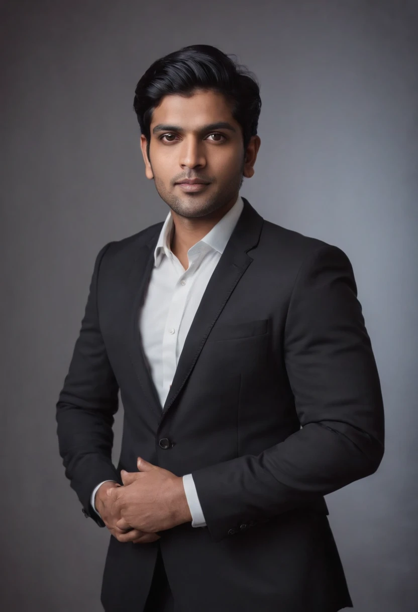 30 year old Indian man with black hair in a business suit, portrait, looking directly at the camera, headshot, shaved