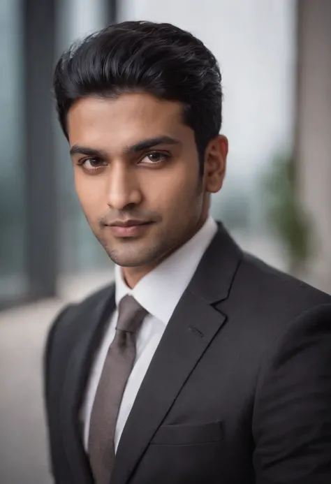 30 year old Indian man with black hair in a business suit, portrait, looking directly at the camera, headshot, shaved