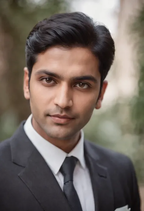 30 year old Indian man with black hair in a business suit, portrait, looking directly at the camera, headshot, shaved