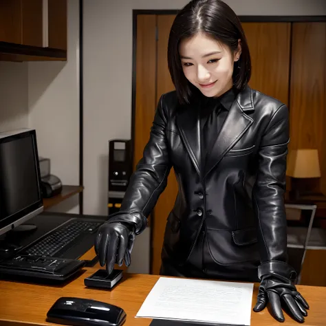 Wearing black leather gloves on both hands, Upper body, Black business suit, Facing the desk in my room with a computer in the dark, Look down and smile, Use a fountain pen to write a letter, Black hair was tied back for a long time, Young and very cute Ja...