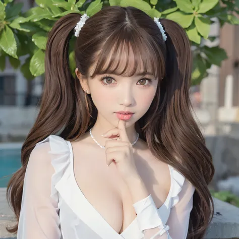 pureerosface_v1, top-quality, Photorealsitic, 8K, hight resolution, 2People Girls, femele, (Skindentation), (portlate:0.6), a gorgeous, dynamicposes, ((poolsidebackground:1.6)), coconut tree, ((Medium Size Round Breast, White blouse:1.4)), straight look at...