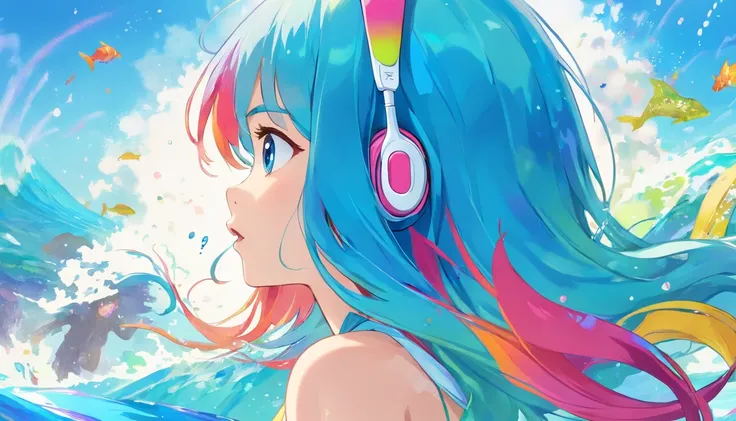 blue hairs　Beautiful blue eyes　Little Mermaid　　headphones　　Mare　​masterpiece、top-quality、hight resolution)、white backgrounid、((paint splashes、color splashes、Ink splash、color splashes))、Sweet Chinese Girl、rainbow-colored hair、Pink lips、frontage、The upper pa...