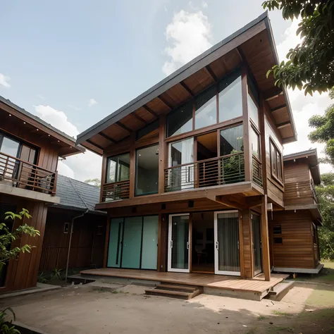 wooden house with lots of windows in nature,mix architecture style north Sulawesi and modern design,beach house