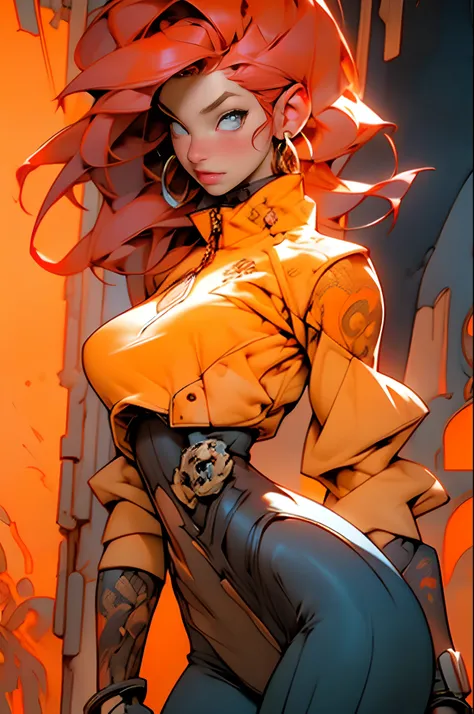 Textures: 1.5, orange: 1.1, white: 1.3, yellow: 1.3, (redhead woman), sexy, tattoos, (power puffer clothes: 1.2), 3d graffitti, abstract, lines, background circles, by Adam Hughes, art by Jay Anacleto, very thin waist, huge hips, sexy pose, prefect face, d...