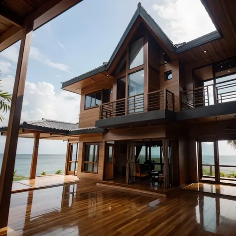 wooden house with lots of windows in nature,mix architecture style north Sulawesi and modern design,beach house