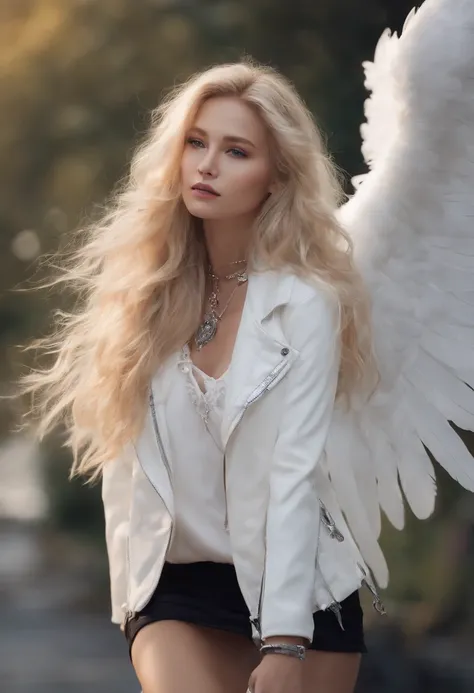 1Girl, Medium Tits, Blonde hair, Long hair, Wavy hair, Blue eyes, White feathered wings, Angel, exteriors, white jacket, Choker, tanktop, miniskirt ,Korean Girl