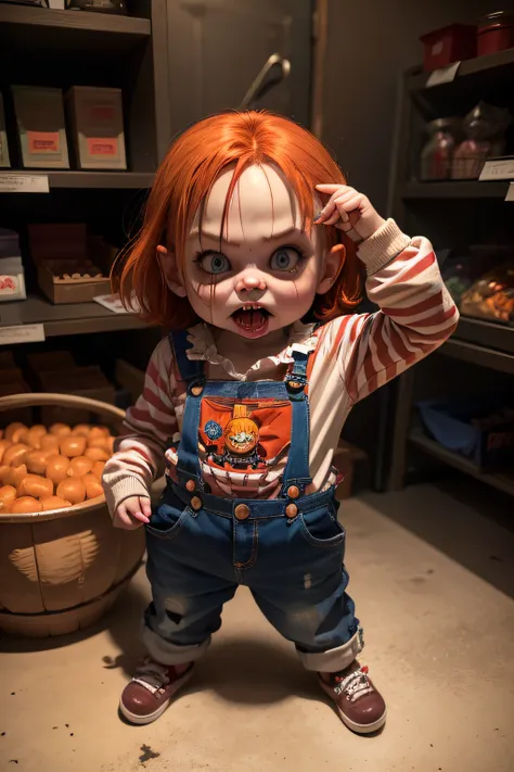 A representation of Chucky the doll from horror films, who sells candy for Halloween