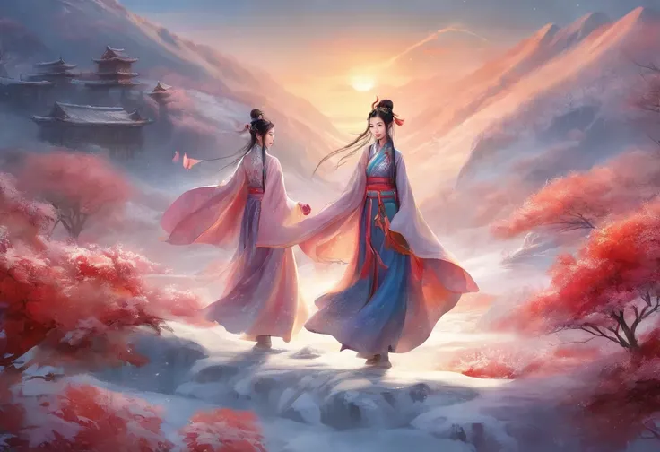 The Zhuang girls dressed in Zhuang costumes came to the Cold Ice Domain，It was filled with cold，Covered with ice, it takes courage and perseverance to bring the silk thread back to the village。