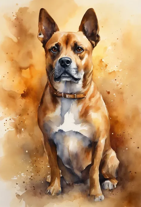 Create a realistic image of a caramel dog with a very short coat where its playful gaze is fixed straight ahead. The background is abstract with different shades of brown. The brown spots in the background blend smoothly with shades of yellow.