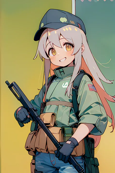 (8K Ultra High-Quality) (Masterpieces) (人物: Mahiro) 1 Girl, Solo, long hair, wearing desert tactical Jacket with desert armor vest and pouches, wearing blue Jean with gun holster, wearing green cap with US flag, wearing goggles, holding radio, carrying bag...