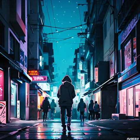 Rear view of a boy wearing a hoodie strolling in the city in the middle of the night in anime illustration style