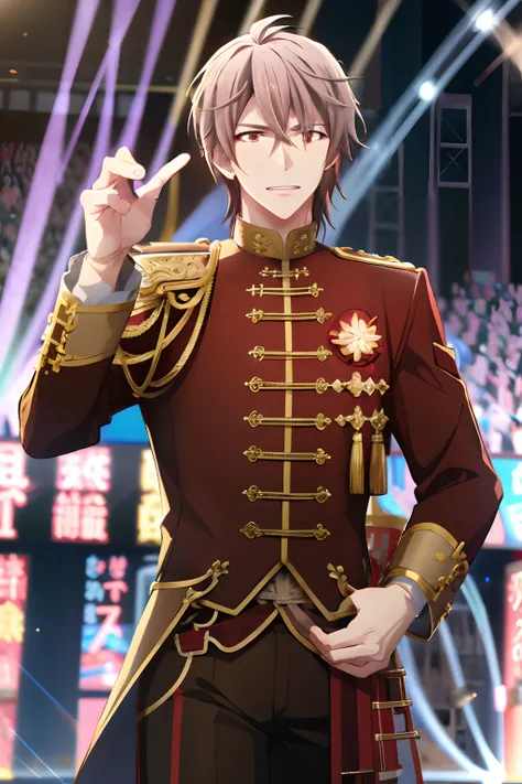 Mid Trao(idolish7), 1boy, 独奏, looking at the viewers, male focus, bangss, brown haired, red eyes, hair between eye, show the grinps, 鎖骨, stage, stage lighrt, concert, lensflare, Grint, Black prince uniform