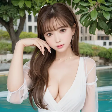 pureerosface_v1, top-quality, Photorealsitic, 8K, hight resolution, ２People Girls, femele, (Skindentation), (portlate:0.6), a gorgeous, dynamicposes, ((poolsidebackground:1.6)), coconut tree, ((Medium Size Round Breast, White blouse:1.4)), straight look at...