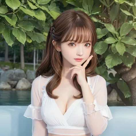 pureerosface_v1, top-quality, Photorealsitic, 8K, hight resolution, ２People Girls, femele, (Skindentation), (portlate:0.6), a gorgeous, dynamicposes, ((poolsidebackground:1.6)), coconut tree, ((Medium Size Round Breast, White blouse:1.4)), straight look at...